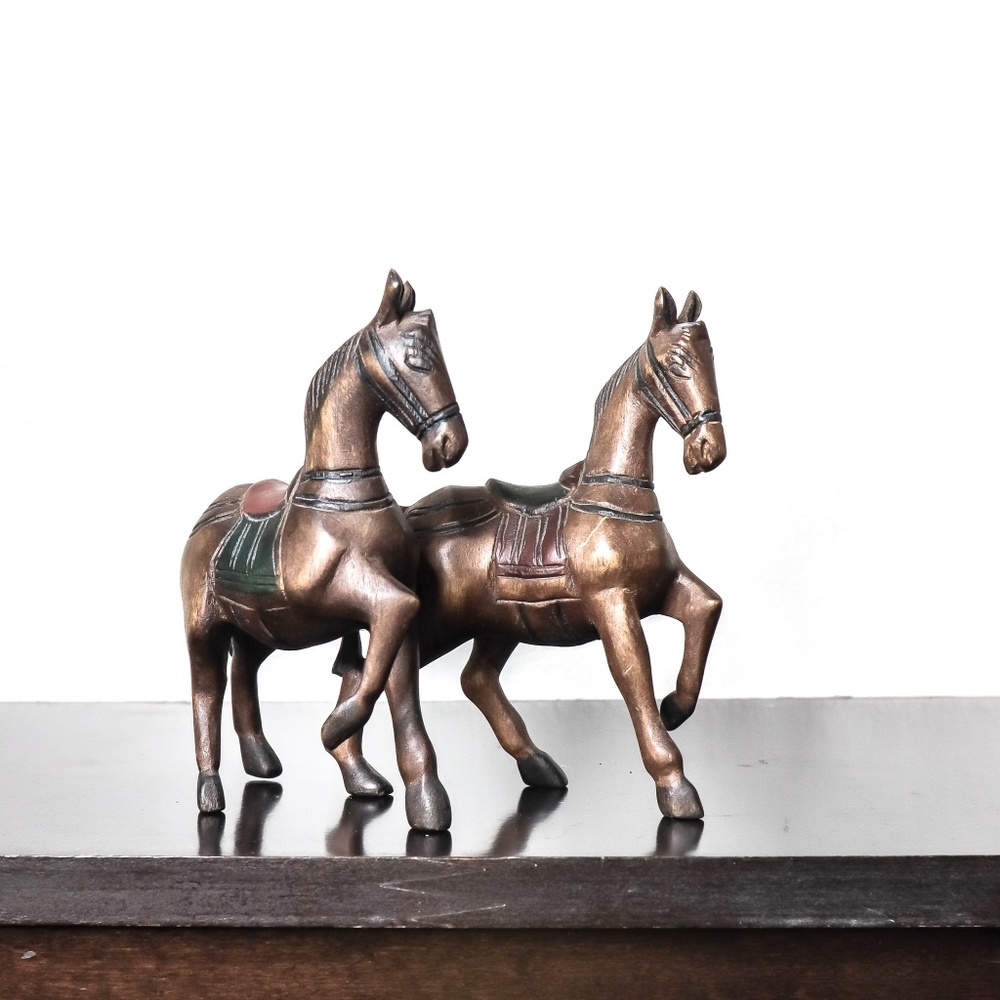 Vtg Wood Carved Horse Pair | bohemian eclectic worldly western rustic warm decor